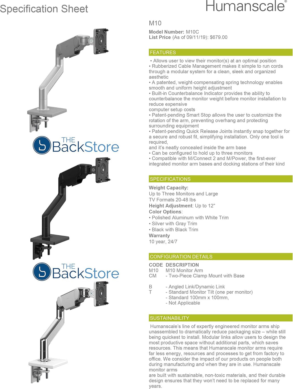 Humanscale M10 Adjustable Heavy Duty Monitor Arm with Angled/Dynamic Links - Two Piece Clamp Mount - Black M10CMBBTB