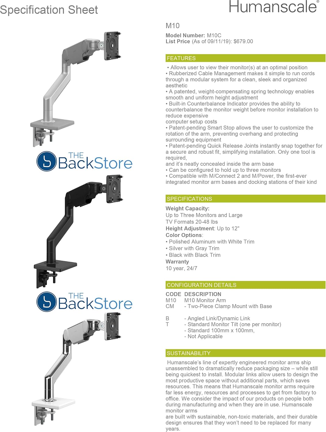 Humanscale M10 Adjustable Heavy Duty Monitor Arm with Angled/Dynamic Links - Two Piece Clamp Mount - Black M10CMBBTB