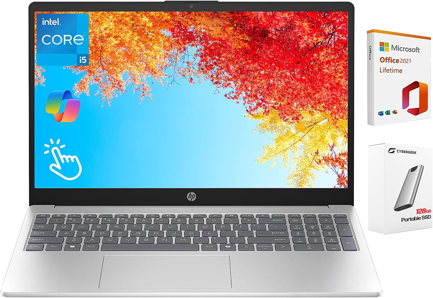 HP 15.6' Business Laptop with Lifetime Office, Intel Core i5-1334U, 15.6' FHD IPS Touchscreen Display, 16GB RAM, 1TB SSD, Copilot, Intel Iris Xe Graphics, 128GB Portable SSD, Windows 11 Pro