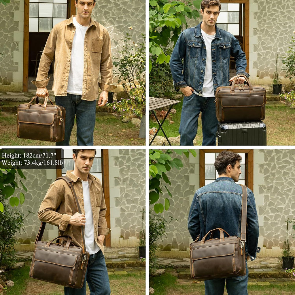 Masa Kawa Leather Briefcase for Men 15.6', 17' Laptop Computer Case Business Travel Work Messenger Cross Body Shoulder Bag