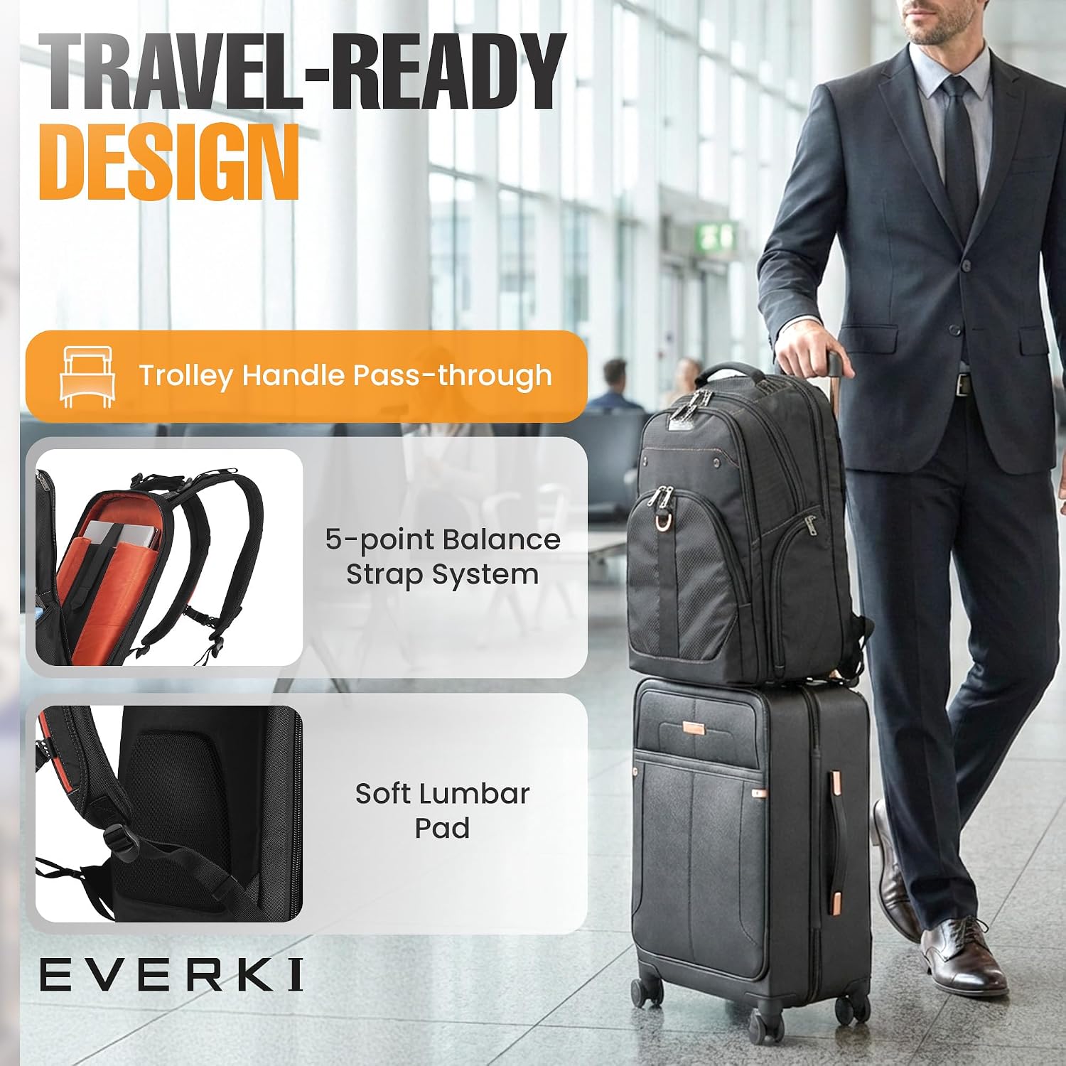 EVERKI Atlas Business 32L Laptop Backpack – Travel-Friendly Business & Office, Professional Backpack for Men & Women, Durable Computer Bag with Adjustable Padded Compartment, Fits 13'-17.3', Black