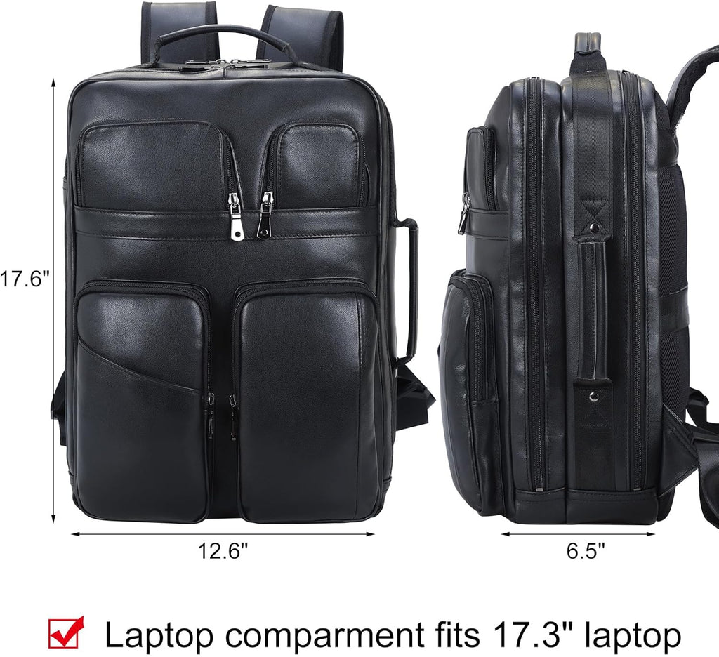 TIDING 17.3' Leather Laptop Backpack for Men Multi Pockets Casual Daypack Business Travel Rucksack, Black
