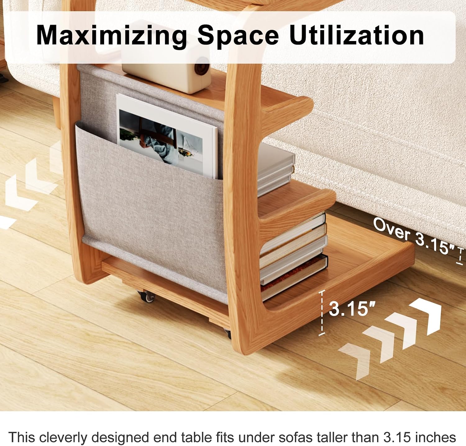 AQIMUELE Wooden C-Shaped End Table,Couch Desk with 2 Lockable Wheels,4-Tier Couch Table with Storage Bag,Small Rolling Side Table Tv Trays for Couch, Living Room,Bedroom (Natural)