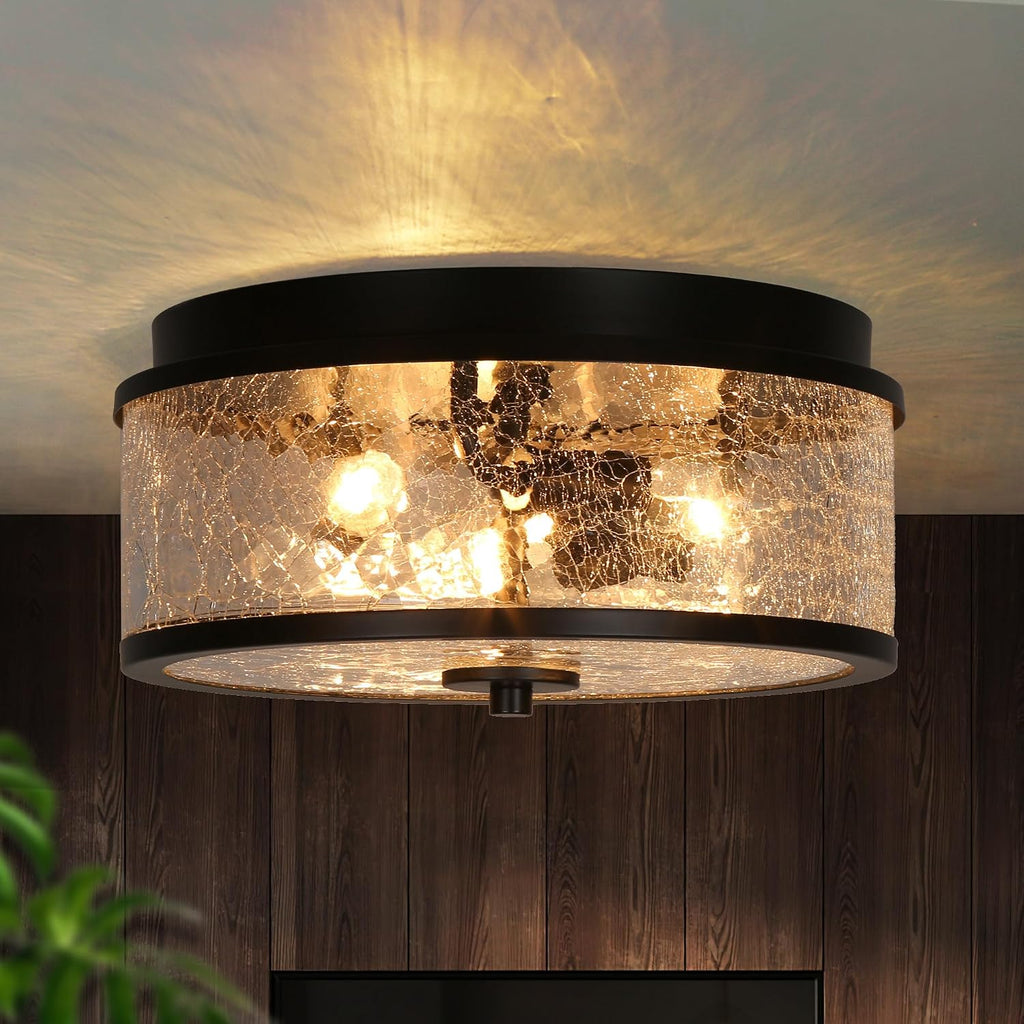 KSANA Black Flush Mount Ceiling Light, Modern Farmhouse 3-Light Close to Ceiling Light Fixtures with Crackled Glass Shade for Bedroom, Hallway, Foyer, Kitchen and Dining Room