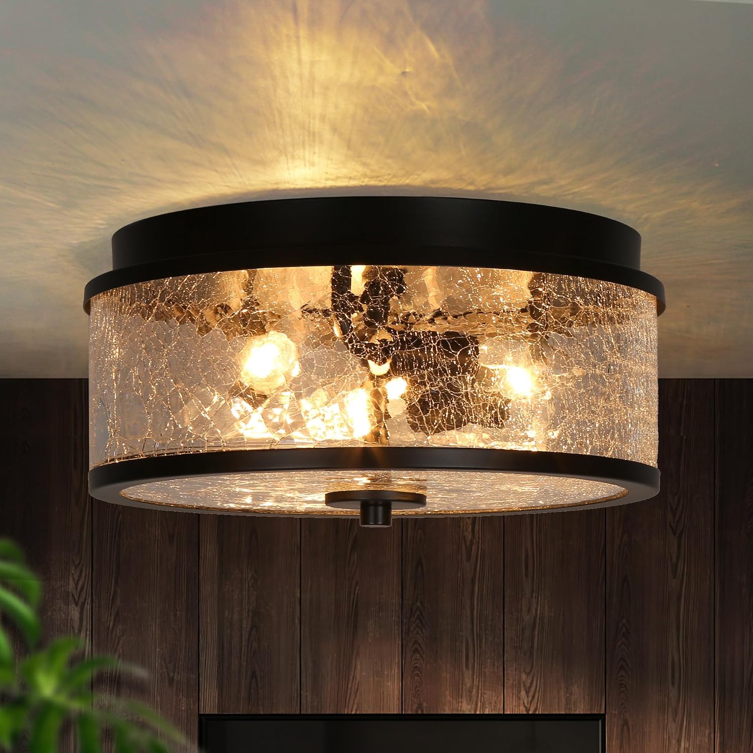 KSANA Black Flush Mount Ceiling Light, Modern Farmhouse 3-Light Close to Ceiling Light Fixtures with Crackled Glass Shade for Bedroom, Hallway, Foyer, Kitchen and Dining Room
