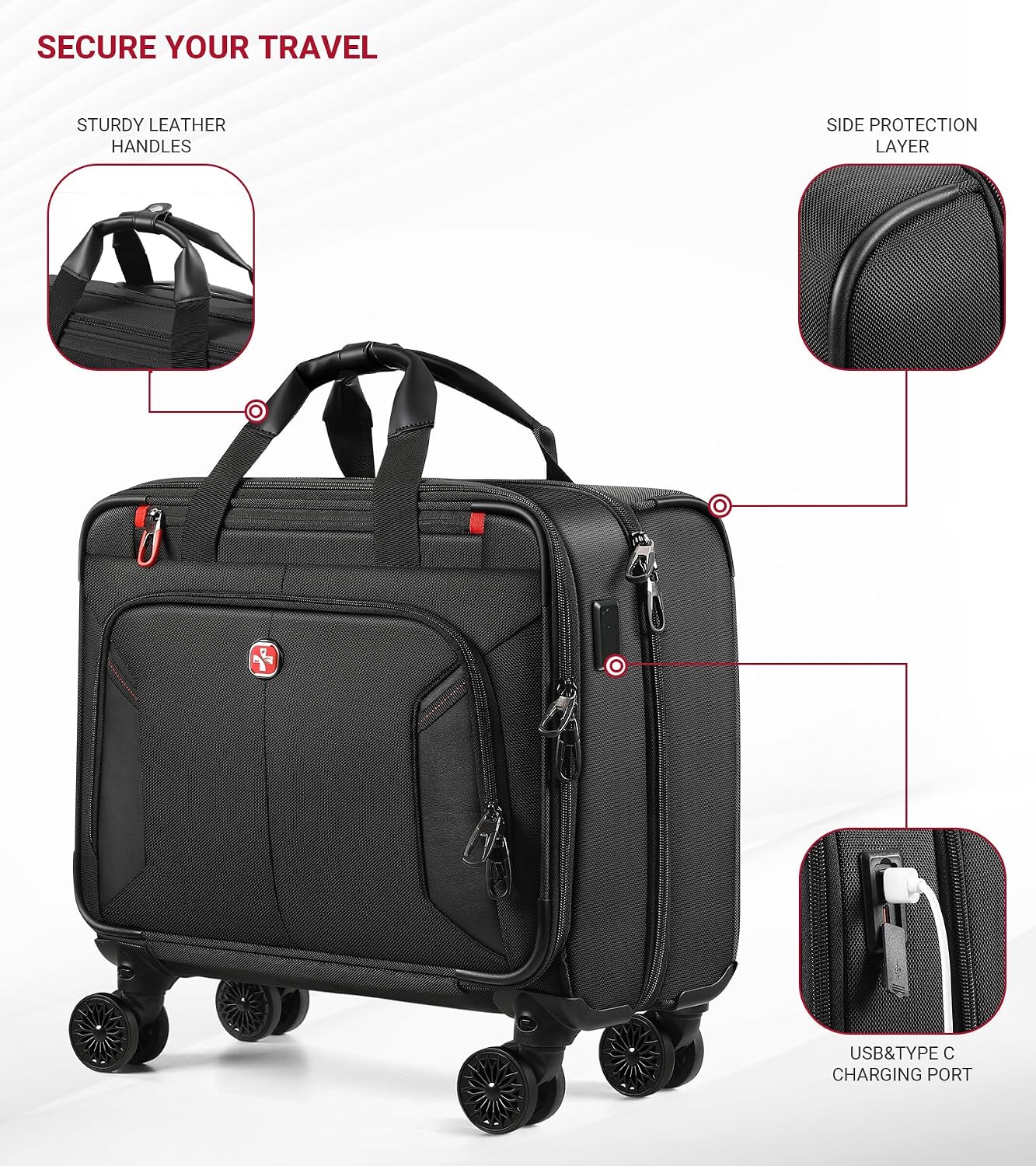 star cloud Rigid Frame Rolling Laptop Bag on Wheels, Rolling Briefcase with USB & Type-C Charging Port,Water Resistant Rolling Computer Bag for 17.3 Inch Laptop, Work Travel and Business