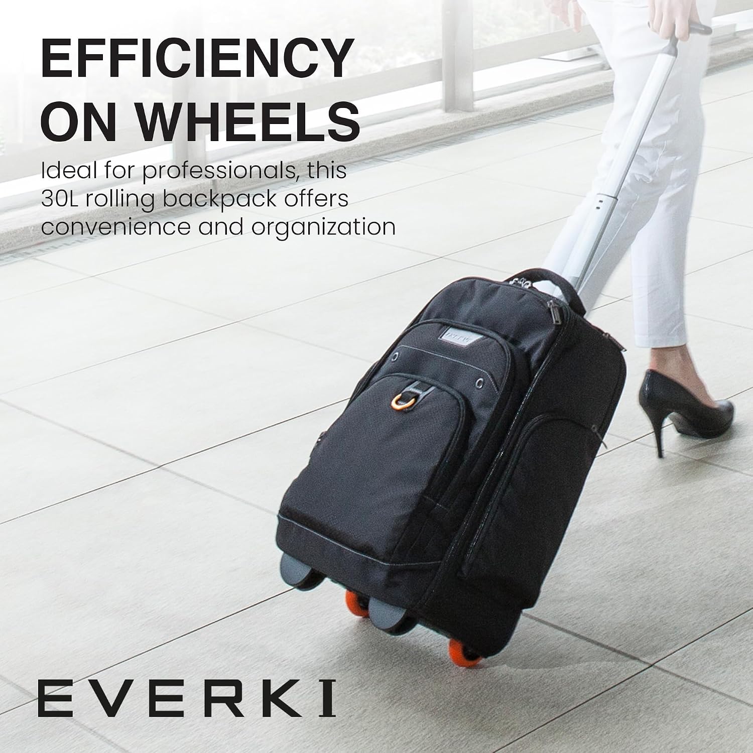 EVERKI Atlas Wheeled 30L Laptop Backpack - Rolling Backpack for Men & Women, Carry-On Travel Roller Backpack for Laptops, Fits 13 to 17.3 Inches with Adjustable Compartment for Business & Work - Black