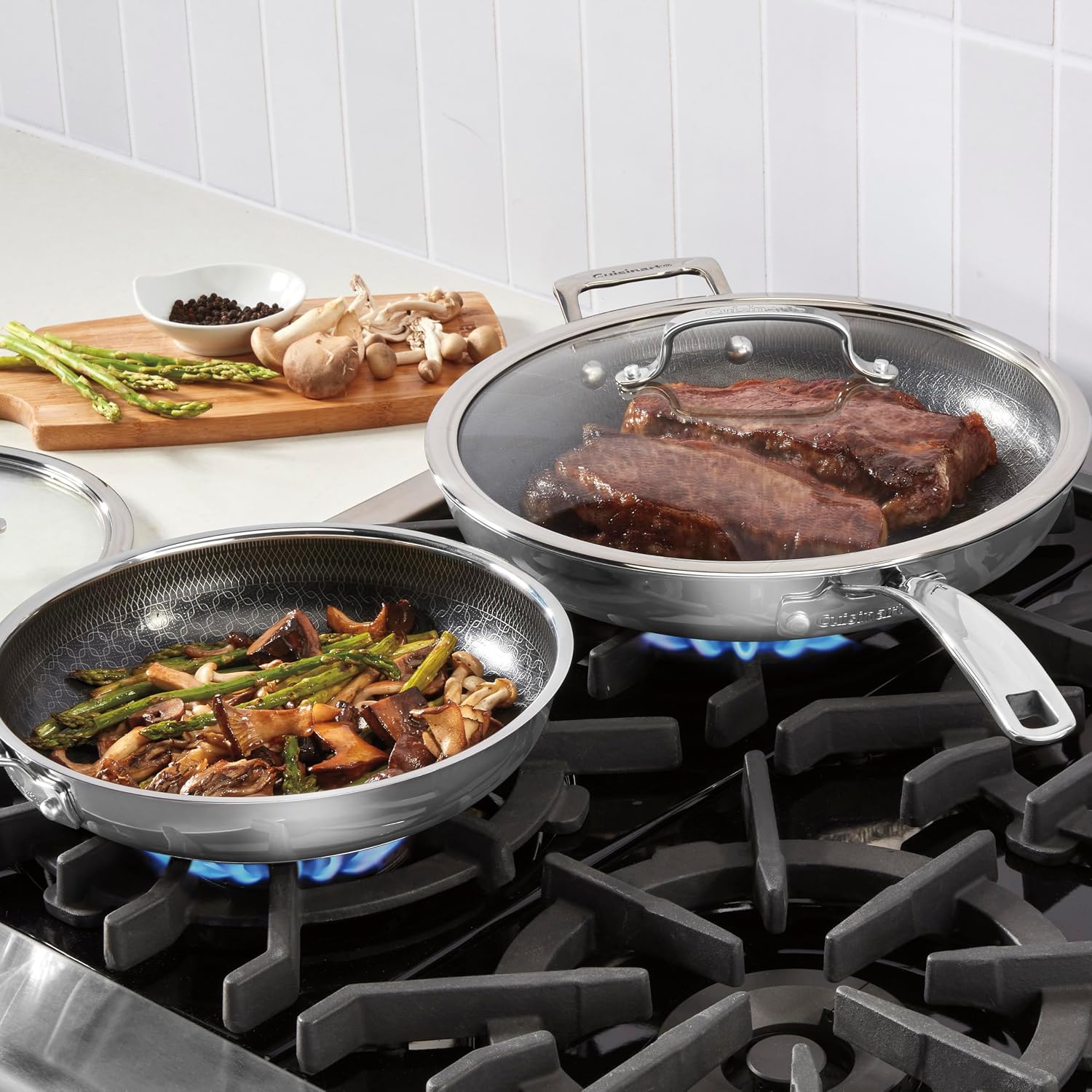 Cuisinart FusionPlus Hybrid Stainless Steel 4-Pc Skillet Cooking Set, 10 Inch and 12 Inch with Lids, PURELYSEAR Hybrid Searing Surface, Oven Safe, Cool Grip Handles, Induction Compatible