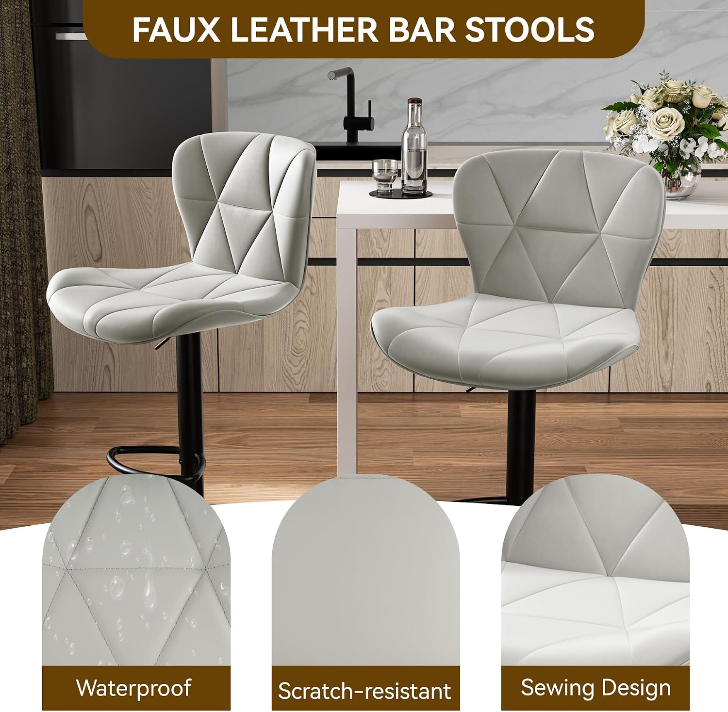 Nalupatio Modern Bar Stools Set of 3, Adjustable Faux Leather Upholstered Swivel Bar Stools, Counter Height Bar Chairs with Back for Kitchen Island, Light Grey