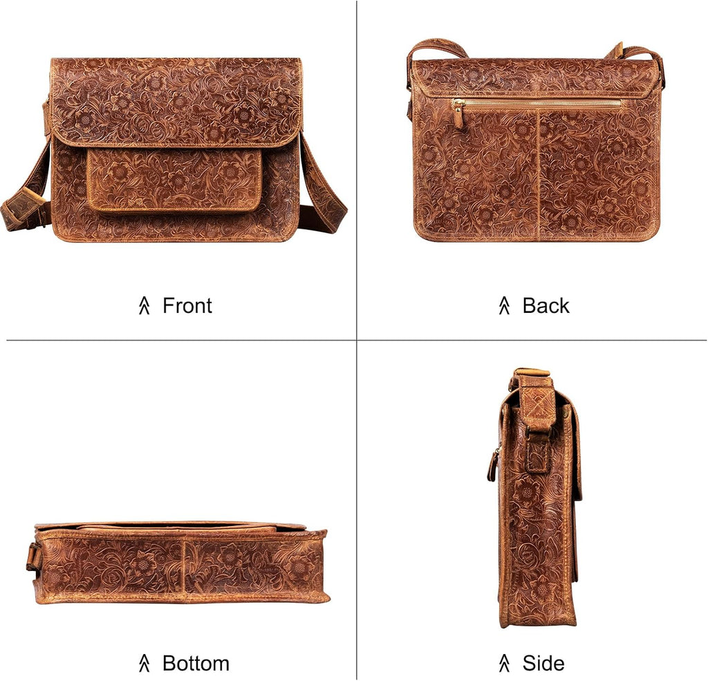 Messenger Bag 14 Inch Vintage Genuine Leather Briefcase Large Leather Computer Laptop Bag Satchel, Brown