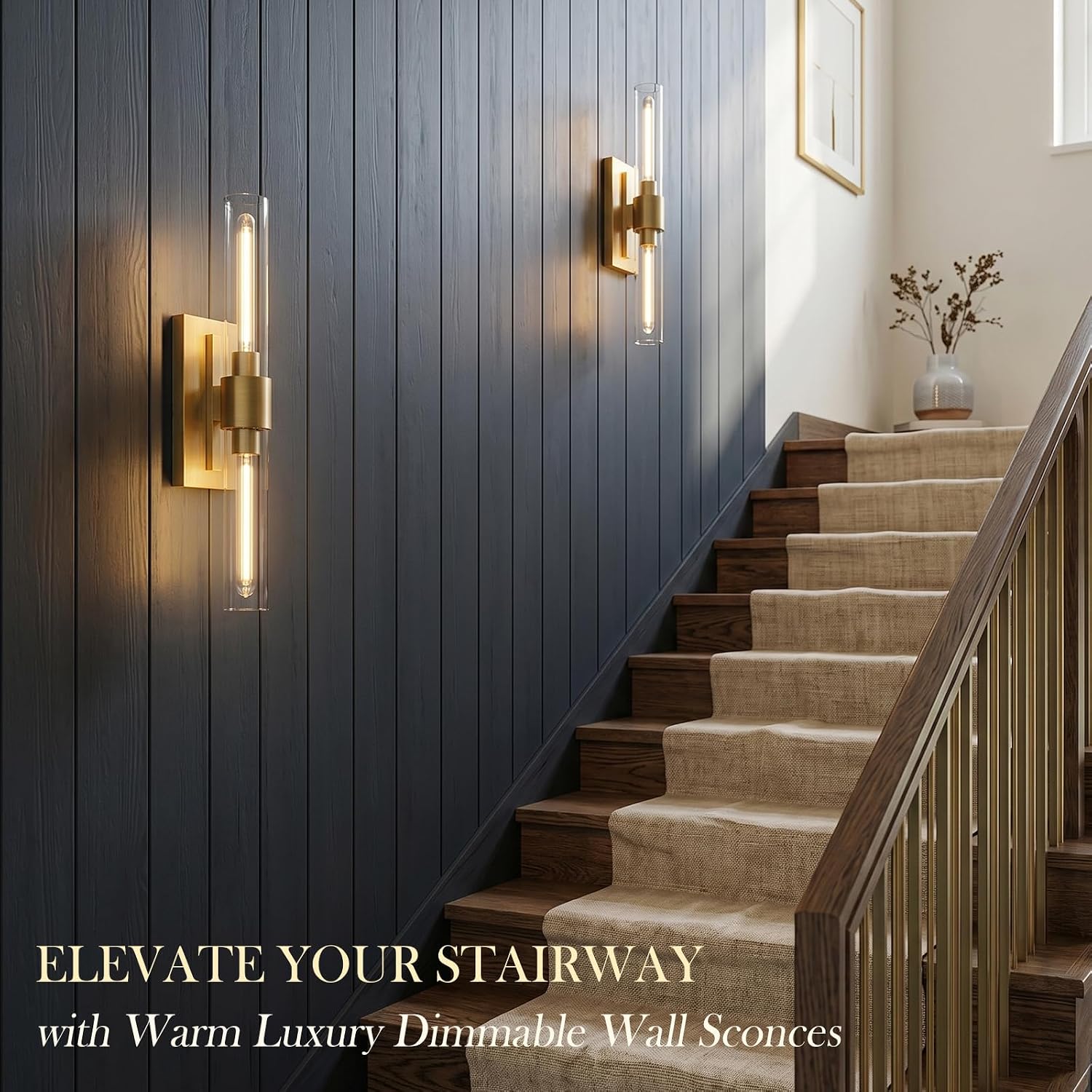22.8' Brass Wall Sconces Set of 2, Modern Luxury 2-Light Bathroom Vanity Lights with Glass Tube Shade, Dimmable Hardwired Gold Wall Sconce for Bathroom Mirror, Living Room, Hallway (Bulbs Included)