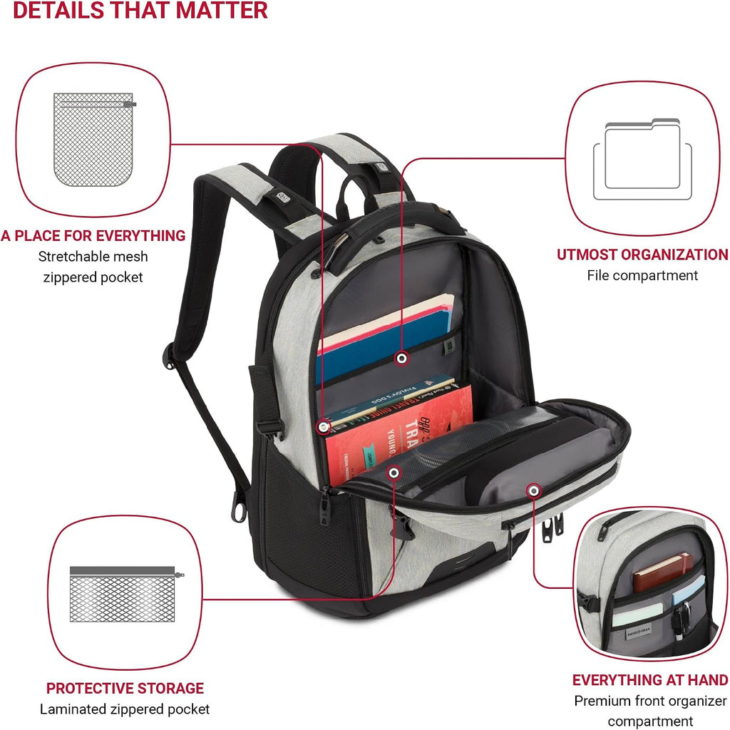 SwissGear Travel Tech Pro Laptop Backpack – Fits Laptops up to 16' – ScanSmart TSA-Friendly Backpack with Multiple Organizer Pockets – Grey Heather