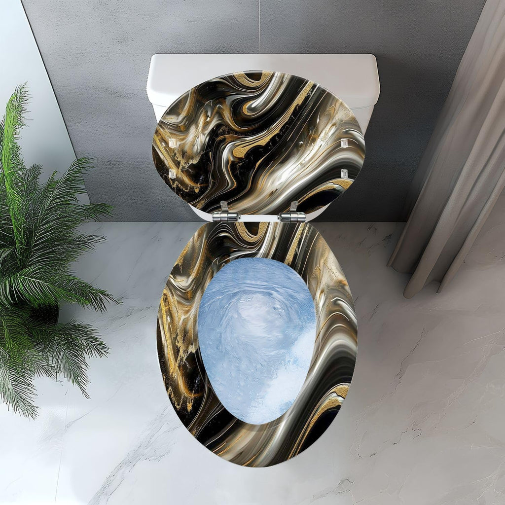 Elongated Toilet Seat Abstract luxury marble Modern 3d Gold black colors Art Resin Toilet Seat Easy to Install Quietly Close Quick Release Hinges Decorative Toilet Seat with Cover