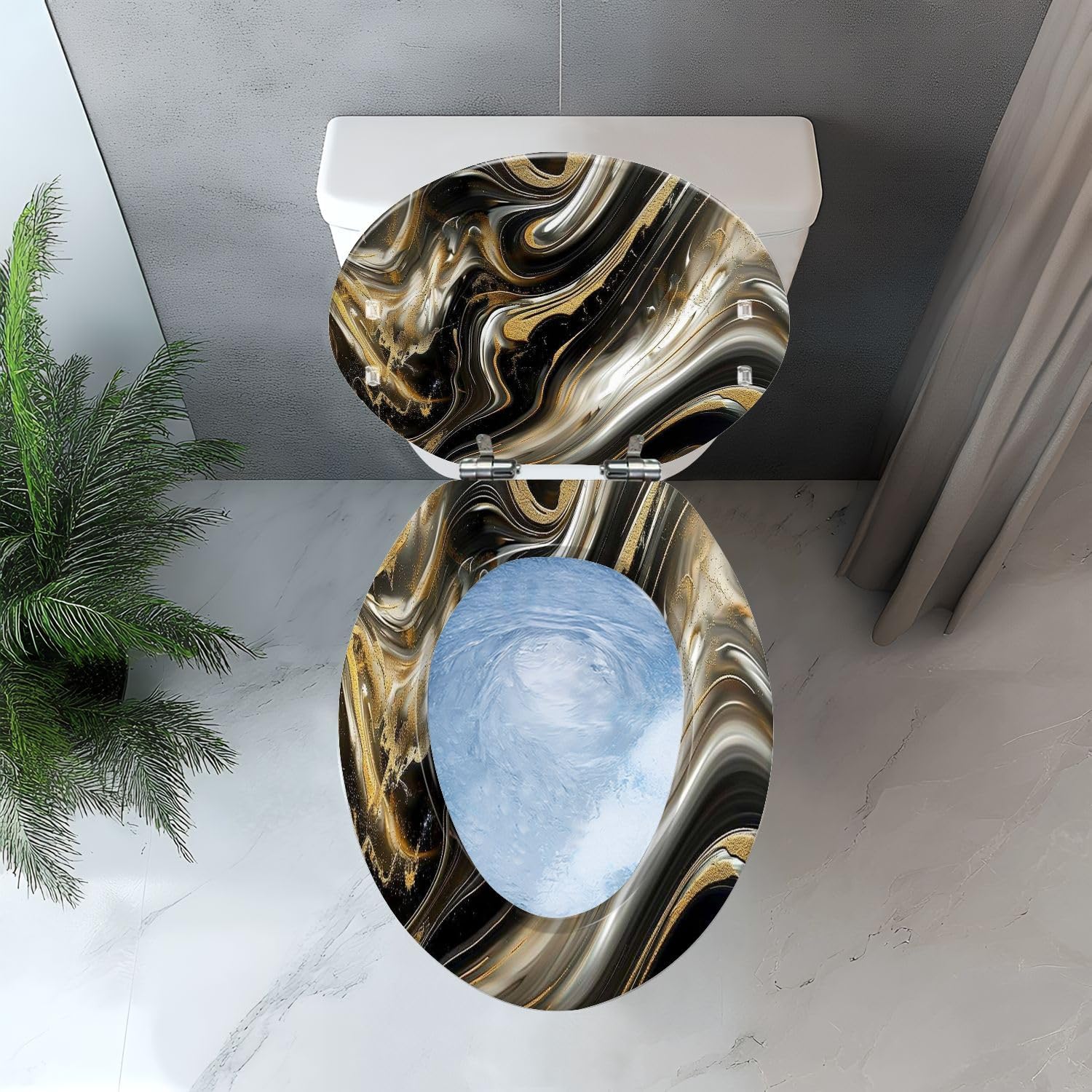 Elongated Toilet Seat Abstract luxury marble Modern 3d Gold black colors Art Resin Toilet Seat Easy to Install Quietly Close Quick Release Hinges Decorative Toilet Seat with Cover