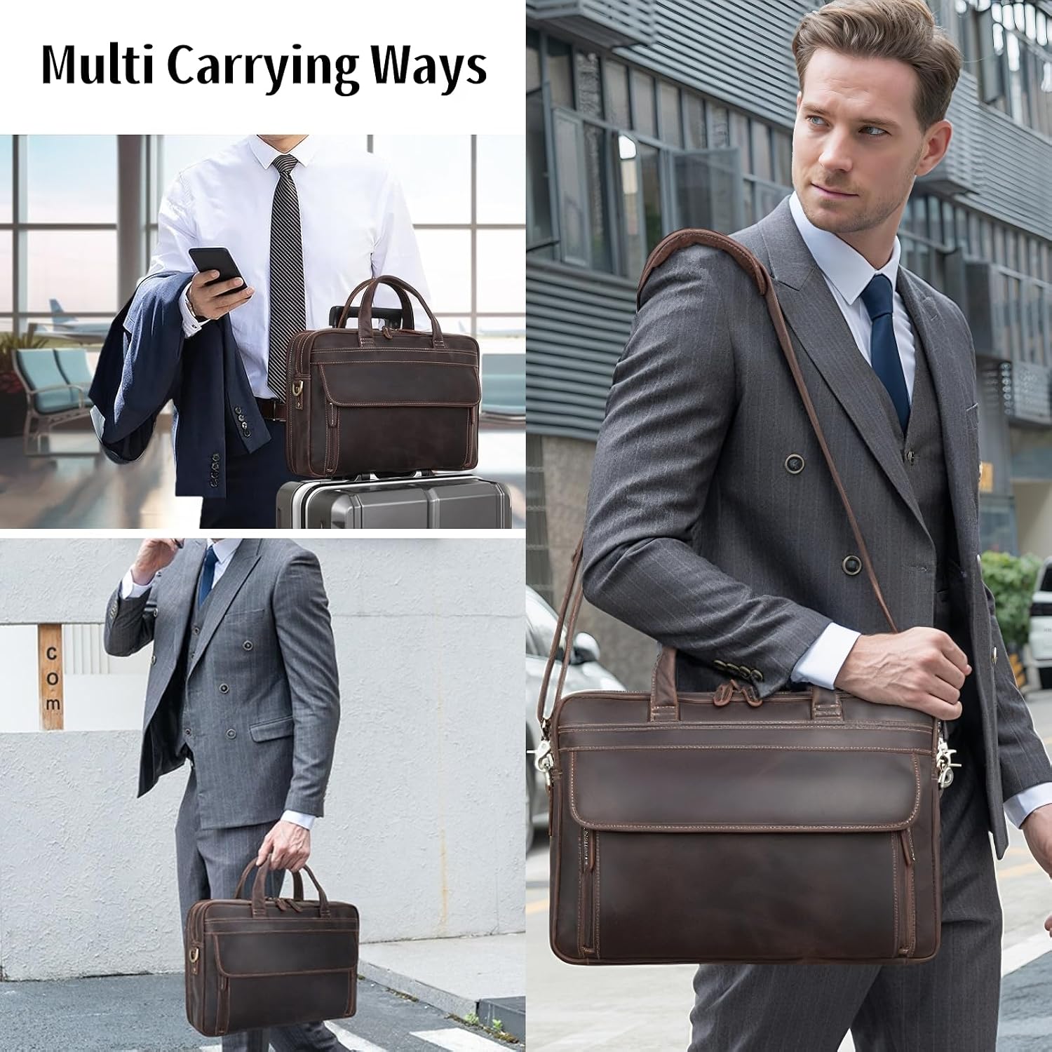 Masa Kawa Leather Briefcase for Men 15.6', 17' Laptop Computer Case Business Travel Work Messenger Cross Body Shoulder Bag