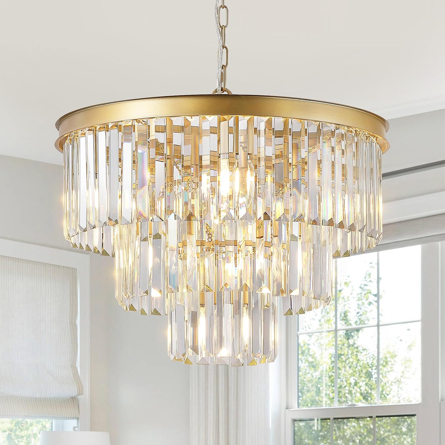 CATINER Modern Crystal Chandeliers,Gold 20' Round Chandeliers for Dining Room 3 Tiers 7 Lights Luxury K9 Crystal Ceiling Pendant Light Fixture for Foyer Bedroom Closet