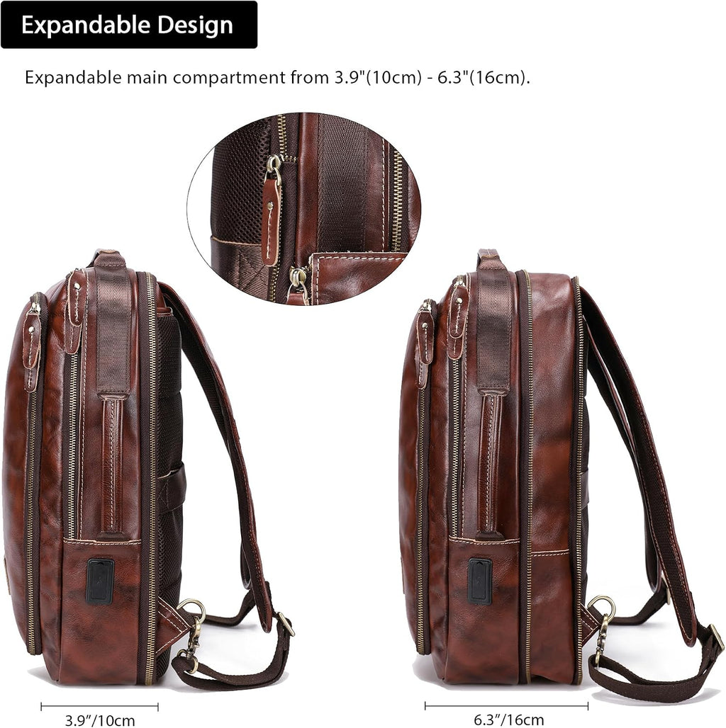 LANNSYNE Vegetable Tanned Leather Backpack for men, Expandable Leather Backpack Fits 15.6 Laptop, Tote Shoulder Travel Bag Rucksack