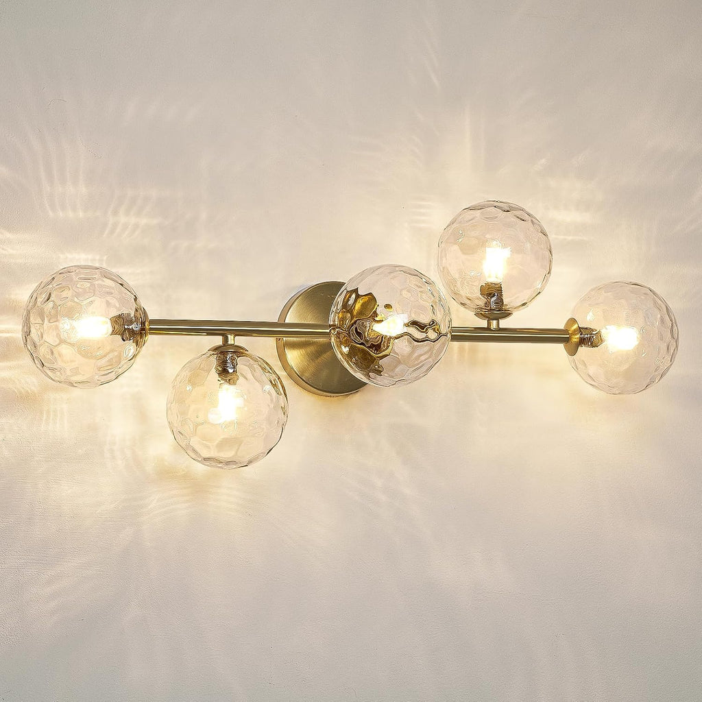 Gold Bathroom Vanity Light Fixtures: Modern Bath 5 Lights Brushed Golden Brass Wall Sconce - Vanity Light with Hammered Clear Globe Bubble Glass Shade - Midcentury Bathroom Lights Over Mirror G9 Base