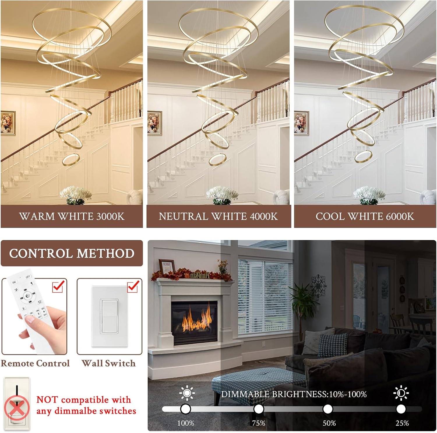 Modern LED Chandelier 8 Rings Dimmable Gold High Ceiling Chandelier Foyer, Large LED Contemporary Pendant Lighting for Staircase Entryway Living Room, D35in 3000K-6500K