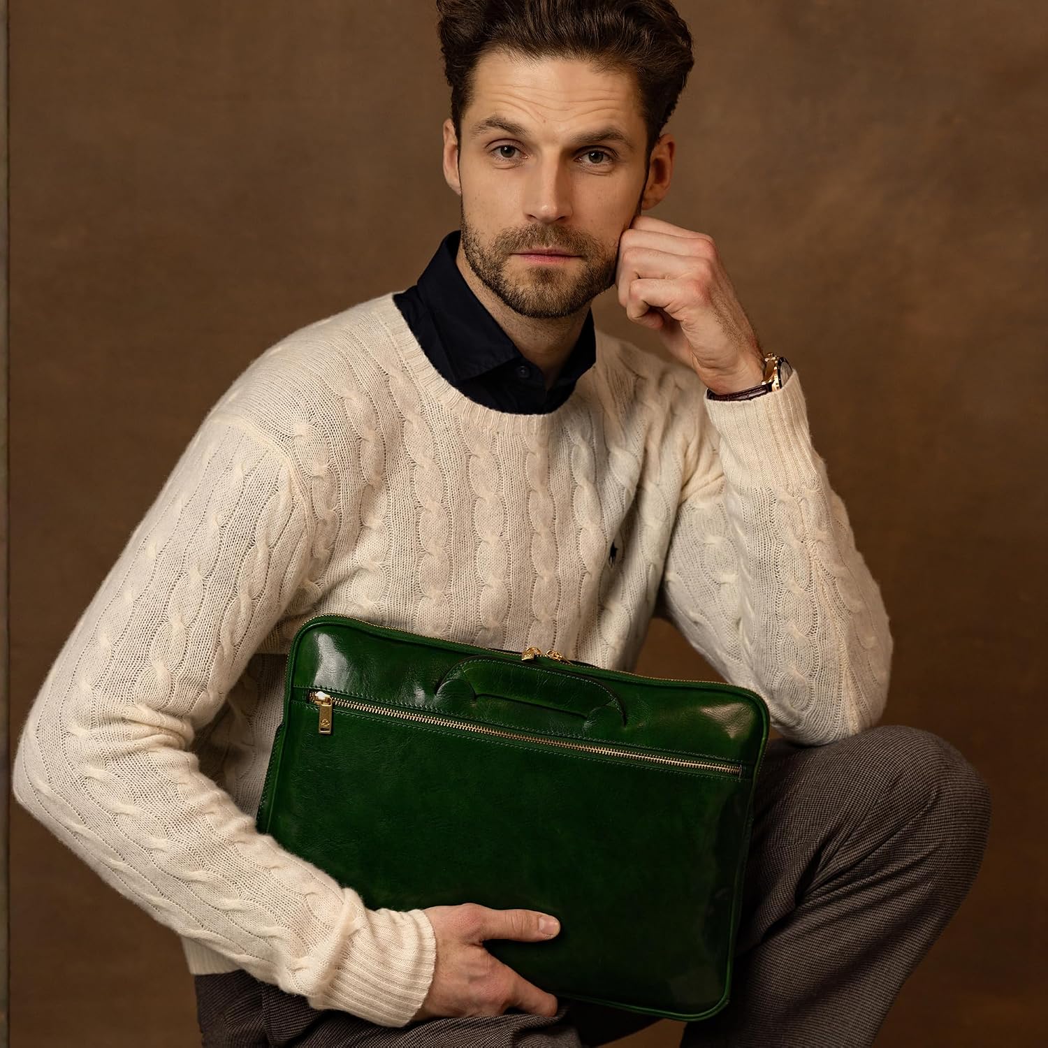 Time Resistance Slim Leather Briefcase - Italian Handmade Leather Computer Bag - Briefcase for Men and Women - Laptop Bag