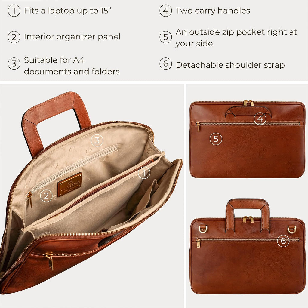 Time Resistance Slim Leather Briefcase - Italian Handmade Leather Computer Bag - Briefcase for Men and Women - Laptop Bag