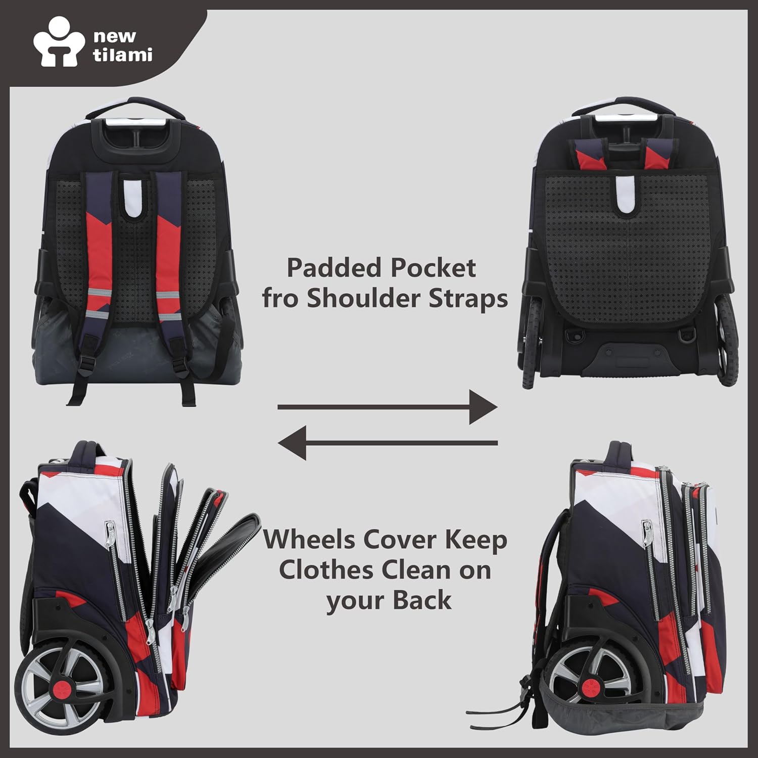 NEW TILAMI 20' Rolling Backpack for Teens Adults, Climbing Stairs Waterproof Backpack with Wheels for School Business Trave Camping with Laptop Compartment, Fit 17 Inch Laptop, Black - Red Combo