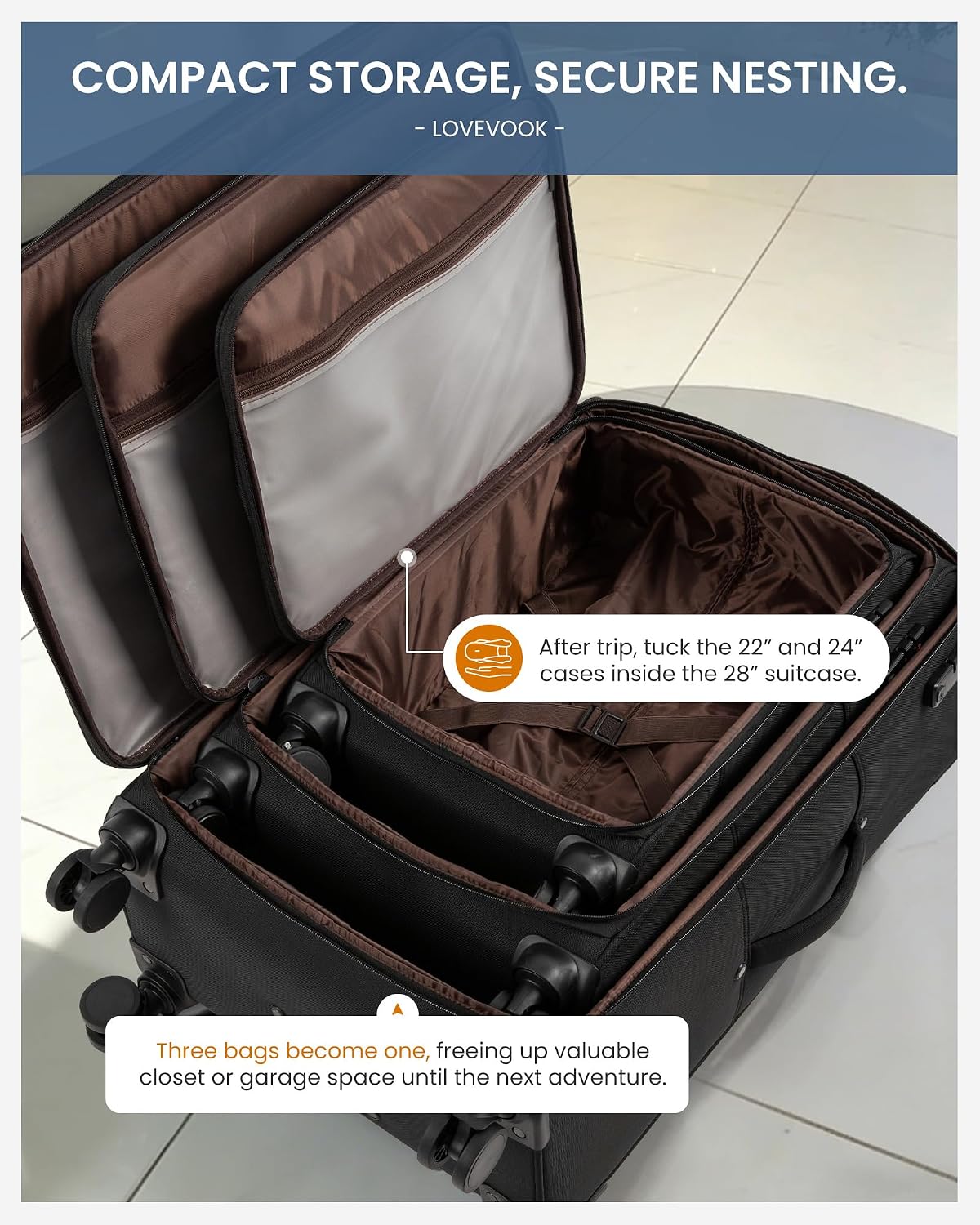 LOVEVOOK 3-Piece Set(22/24/28) Softside Luggage Suitcase with 15.6 Inch Laptop Compartment, Suitcase with Spinner Wheels, Large Capacity Luggage with TSA Lock for Business &Family Trip Travel, Black