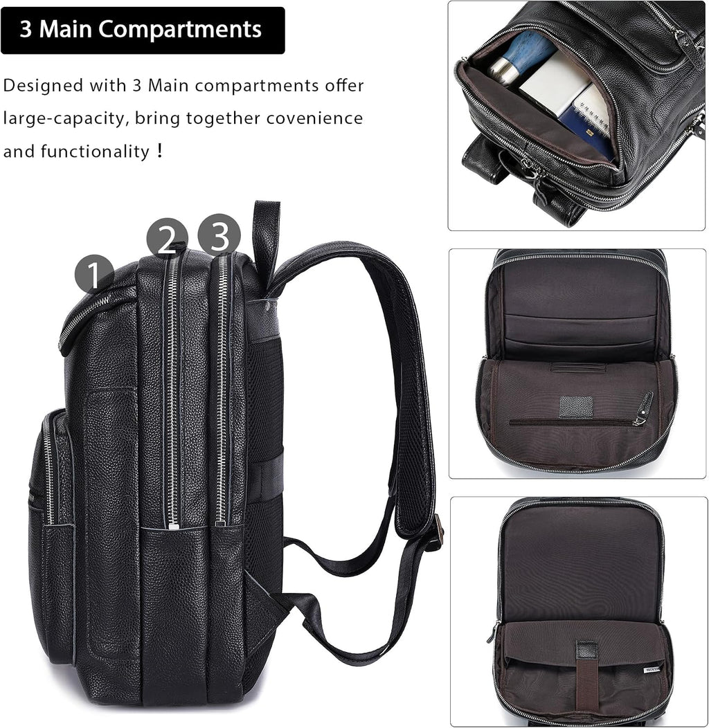 LANNSYNE Leather Backpack For Men, 15.6' Leather Laptop Backpack Hiking Travel Bag Camping Rucksack
