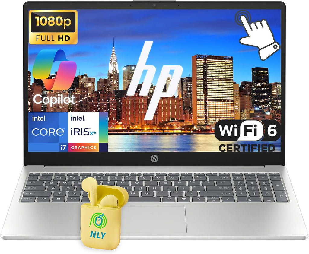 HP 15 Laptop, 15.6' FHD IPS LED Touchscreen Business Laptop Computer, Intel 10-Core i7-1355U Processor, Windows 11 Laptop 16GB RAM 512GB SSD, WiFi 6, Numeric Keypad, NLY Earphones, Natural Silver