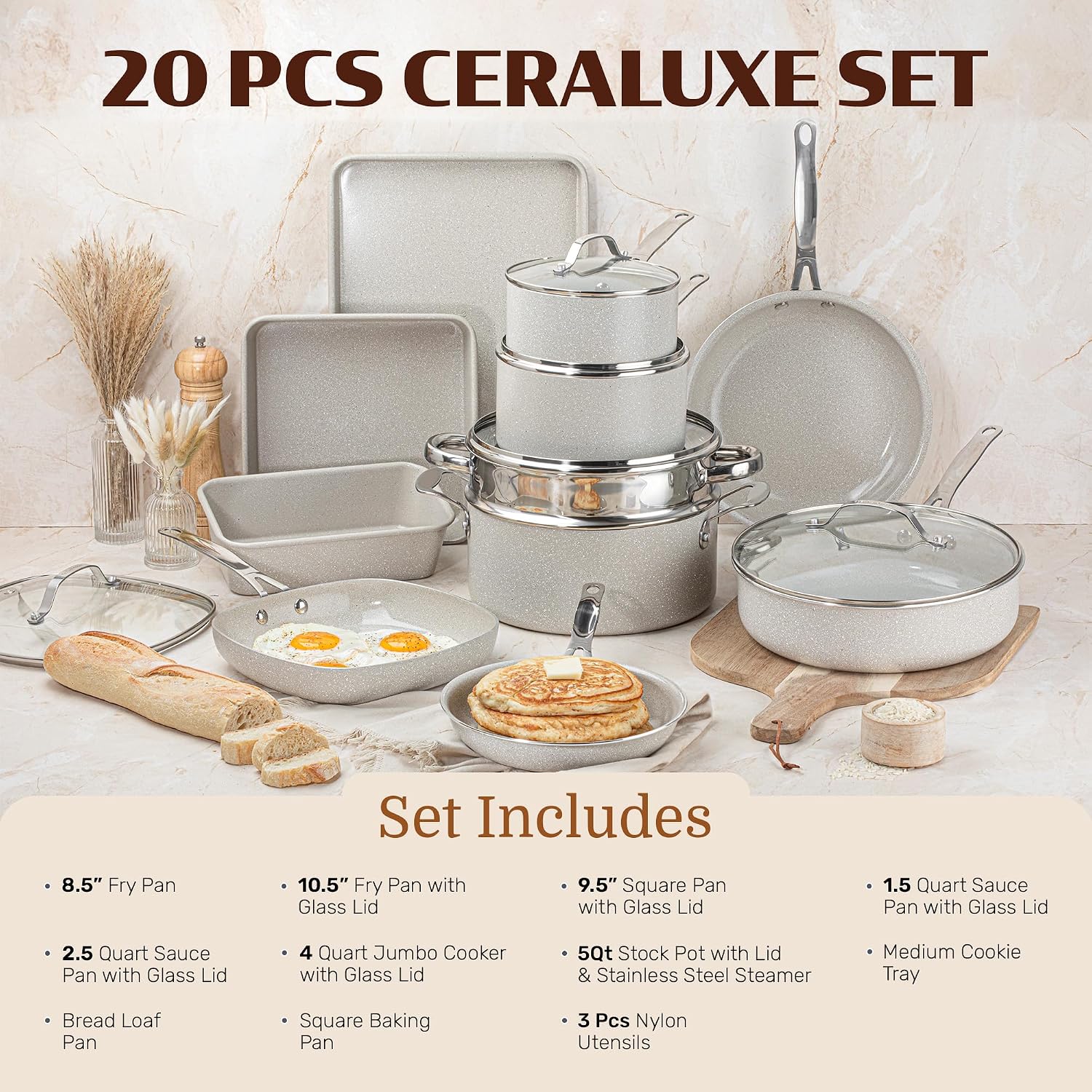 Granitestone Ceraluxe 20 Pc Ceramic Cookware Set Nonstick, Complete Pots and Pans Set Non Stick for Kitchen with Bakeware, Utensils & Steamer, Non Toxic Made Without PFOA PFOS, Oven & Dishwasher Safe