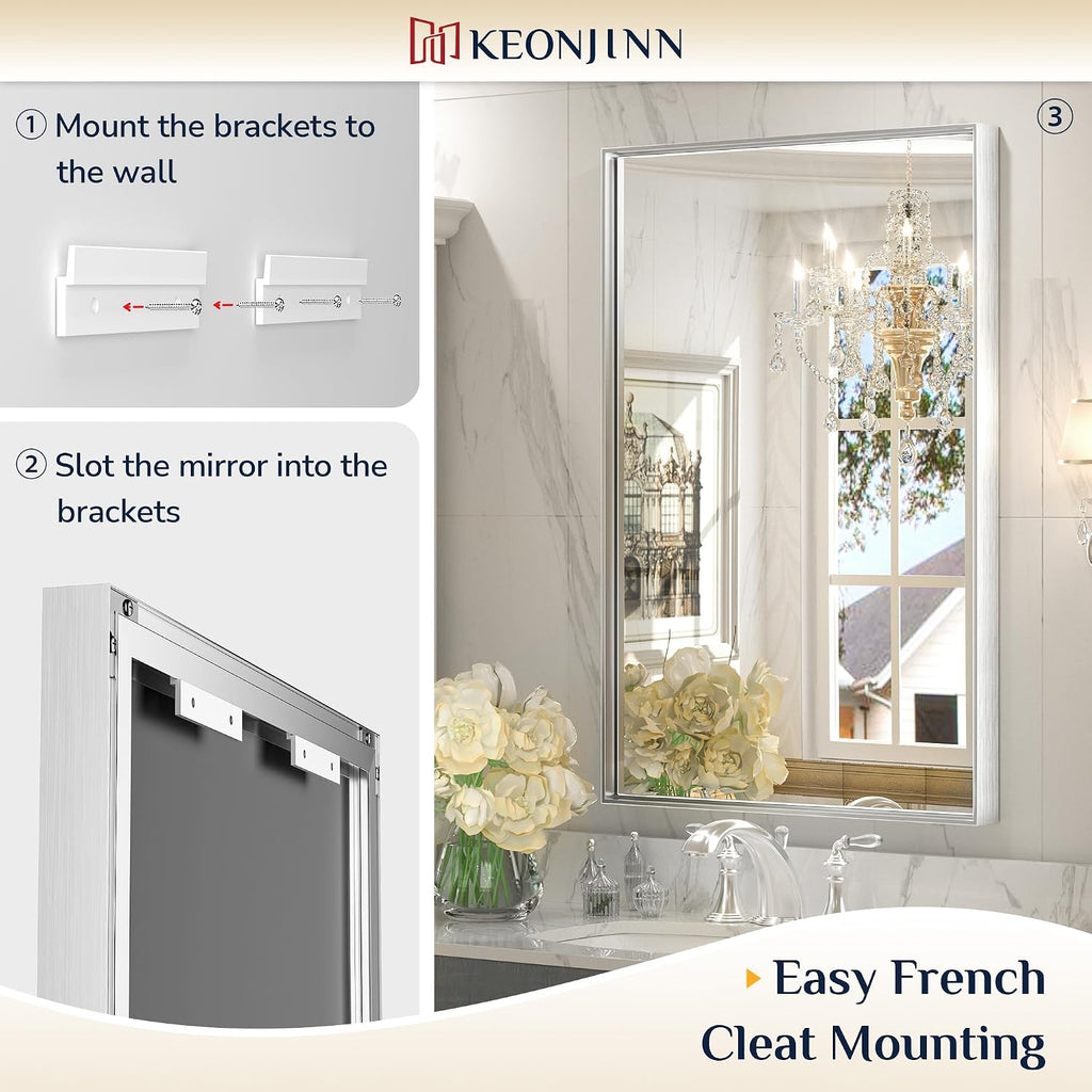 Keonjinn 48 x 36 Inch Silver Bathroom Mirror for Over Sink Large Rectangle Wall Mirror Brushed Metal Framed Square Corner Vanity Mirror Wall Mounted Rectangular Farmhouse Mirror(Horizontal/Vertical)