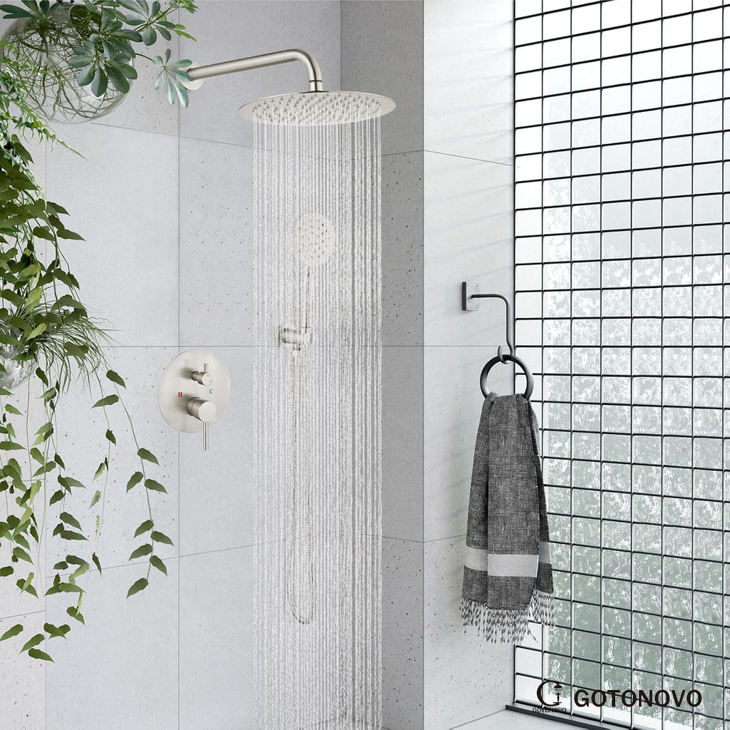gotonovo Rain Shower System with 10 Inch Round Showerhead and Handheld High Pressure Shower Faucet Set Contain Rough in Valve, Brushed Nickel