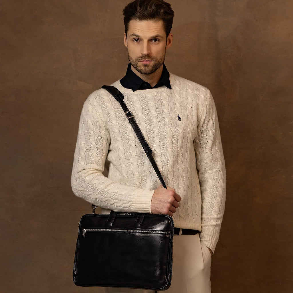 Time Resistance Slim Leather Briefcase - Italian Handmade Leather Computer Bag - Briefcase for Men and Women - Laptop Bag