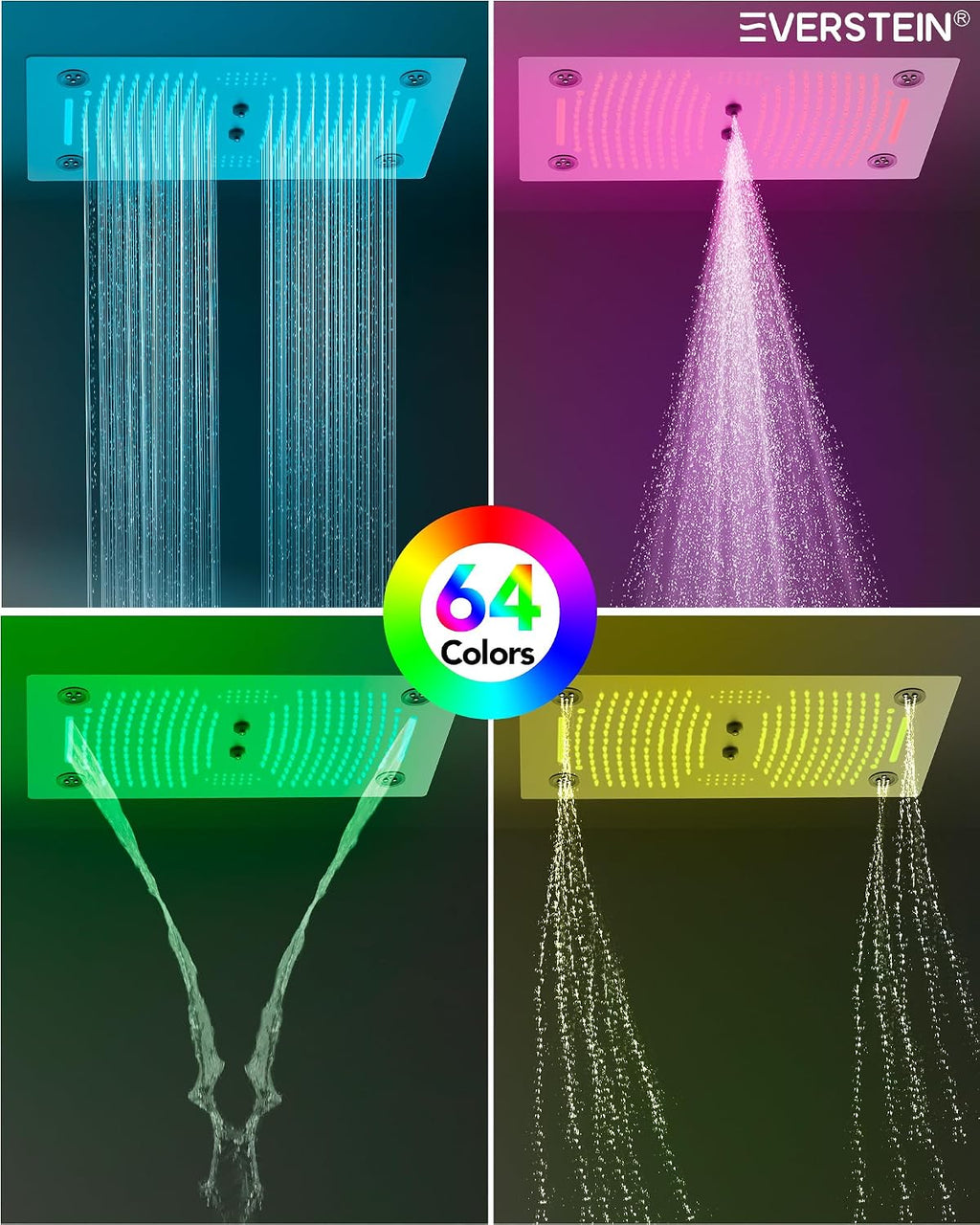 Thermostatic 64-Color LED Shower System, 28' x 16' Bathroom Waterfall Shower Set Ceiling-Mount Rainfall Shower Head Faucet with 6 Body Jets(Brushed Nickel)
