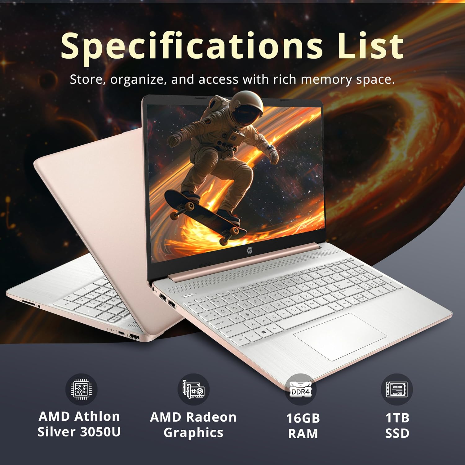 HP 15.6' HD Micro-Edge Laptop, AMD Athlon Silver 3050U, 16GB DDR4 RAM, 1TB SSD, AMD Radeon Graphics, Webcam, Fast Charge, Windows 11 Pro, Gold (Renewed)