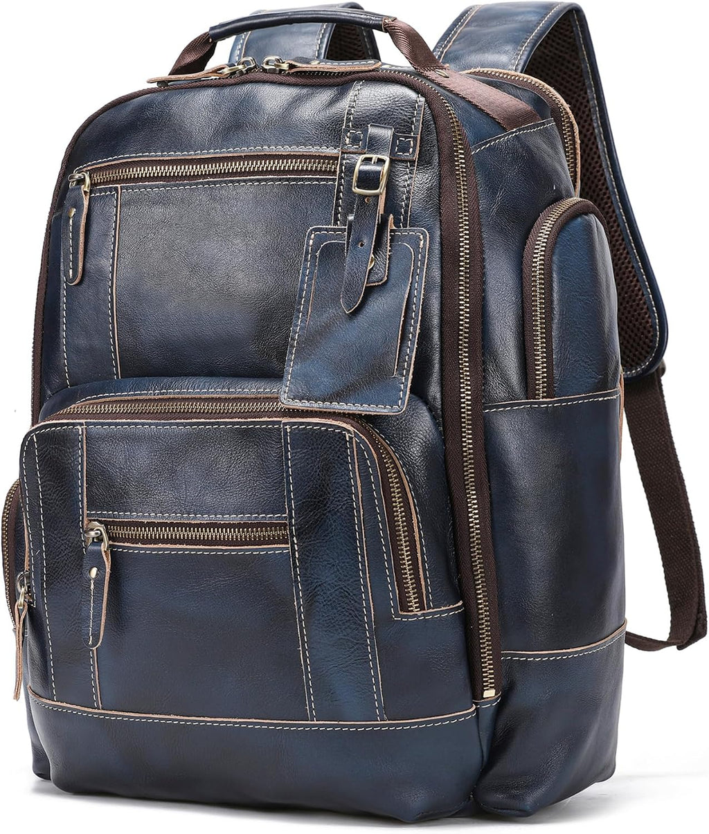 LANNSYNE Vegetable Tanned Leather Backpack for Men, 15.6' Laptop Backpack Camping Travel 24L Rucksack