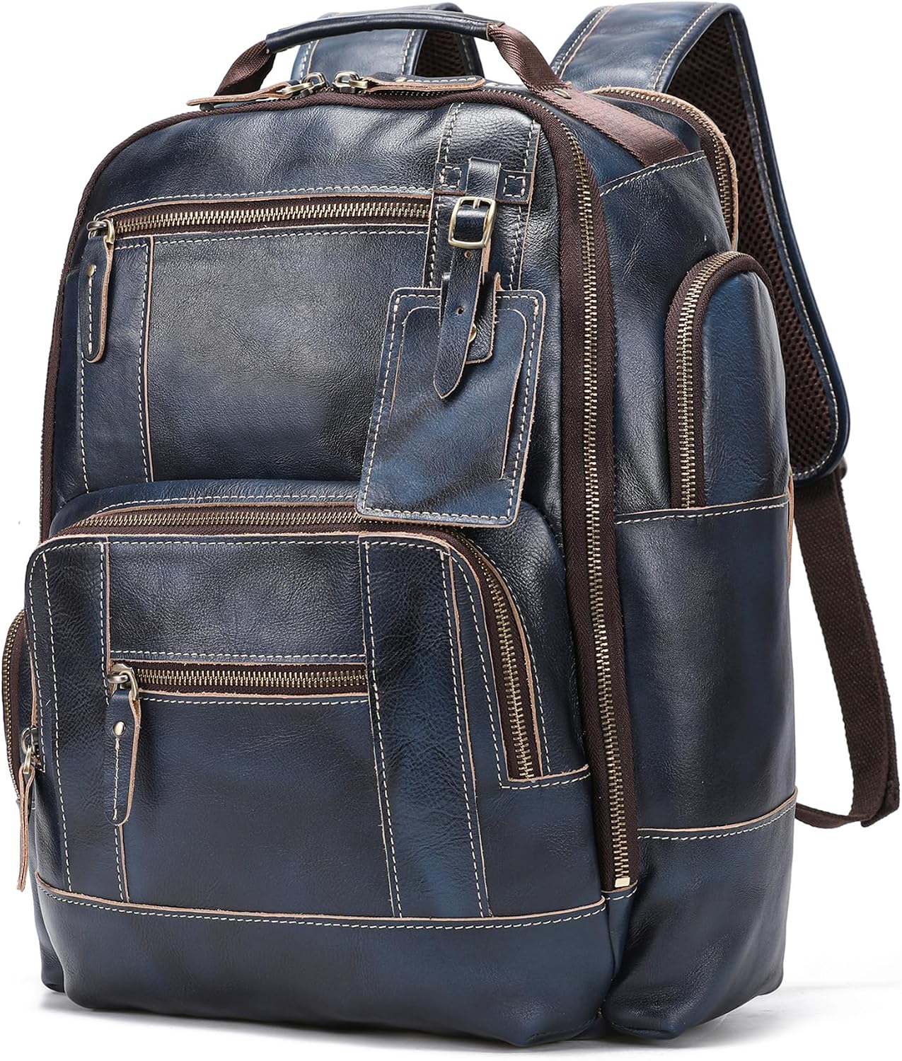 LANNSYNE Vegetable Tanned Leather Backpack for Men, 15.6' Laptop Backpack Camping Travel 24L Rucksack