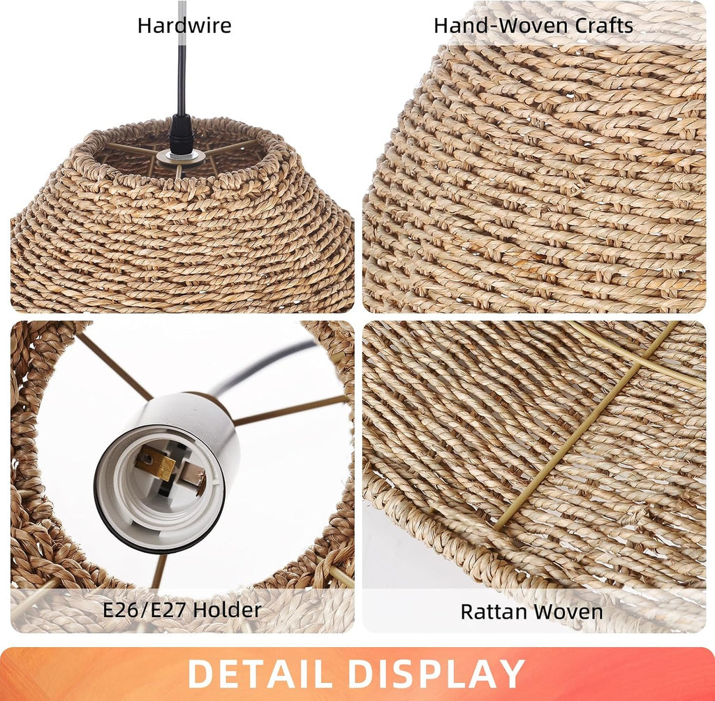 Arturesthome Large Woven Pendant Light for Kitchen Island,Rustic Farmhouse Rattan Chandelier Wicker Basket Ceiling Hanging Lamp for Dining Room Bedroom,Entryway,Foyer 19.6'*17.6'