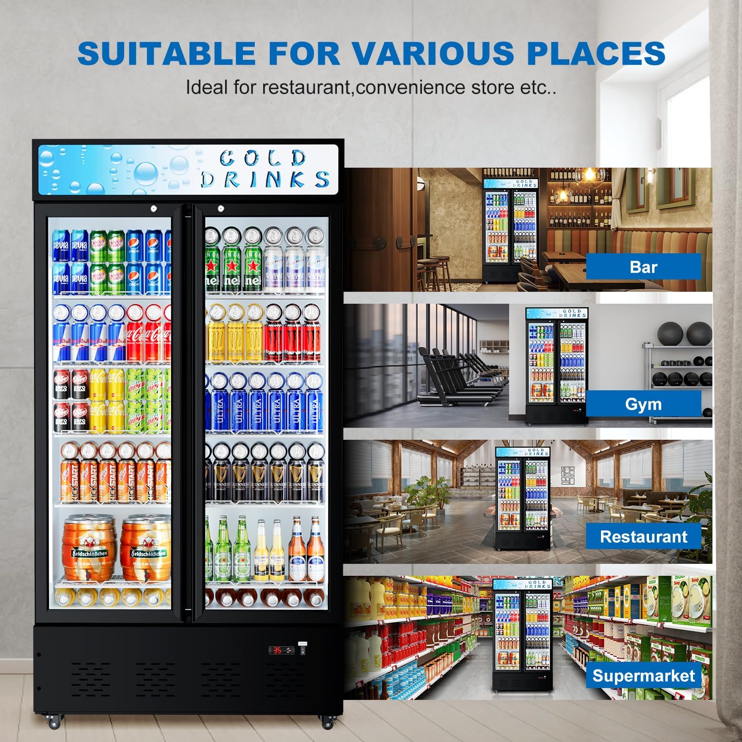 Commercial Display Refrigerator Glass Door 30 cu.ft Cooler Commercial Beverage Refrigerators with LED and 10 Shelves for Cafe, Restaurant, Store