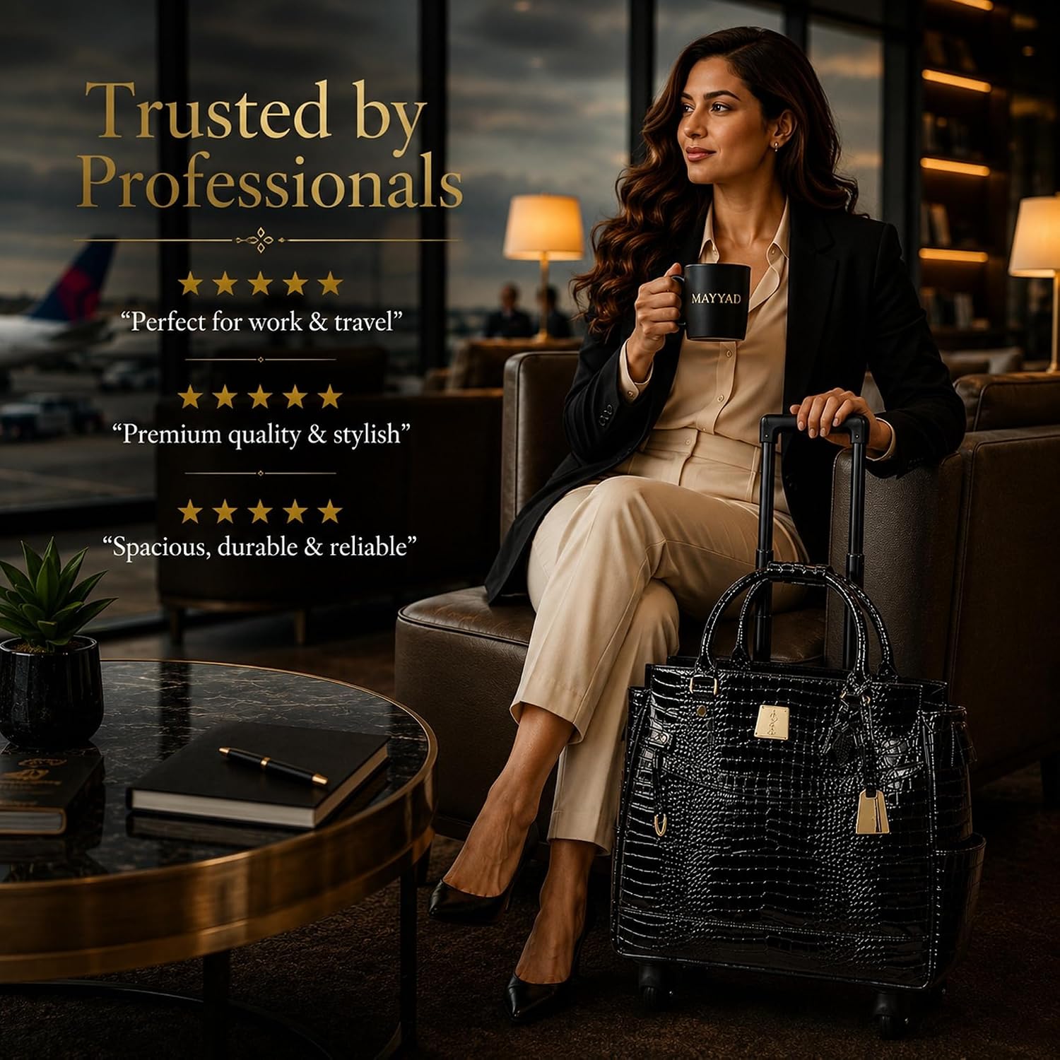 Rolling Laptop Bag for Women with Wheels & Handle Luxury Pure Leather Embossed Work Bag with Laptop Sleeve Travel Briefcase