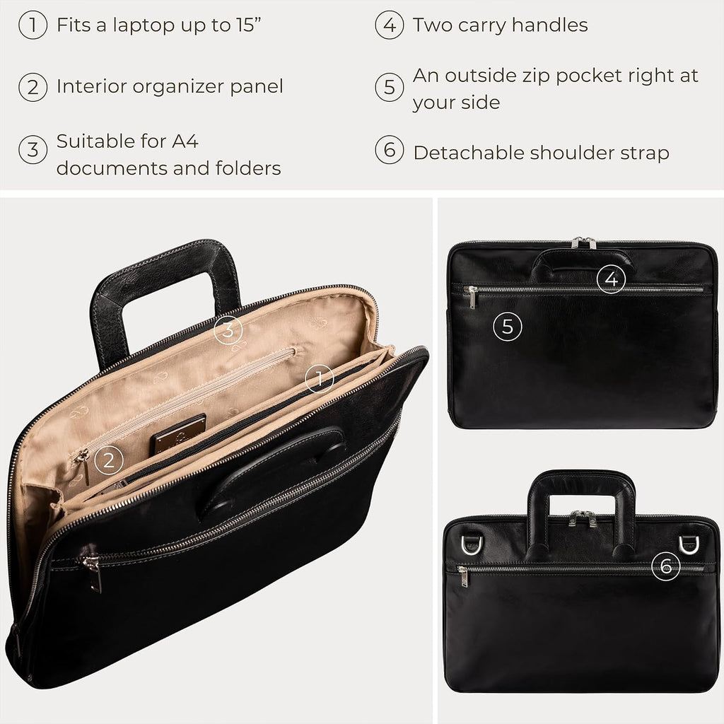 Time Resistance Slim Leather Briefcase - Italian Handmade Leather Computer Bag - Briefcase for Men and Women - Laptop Bag