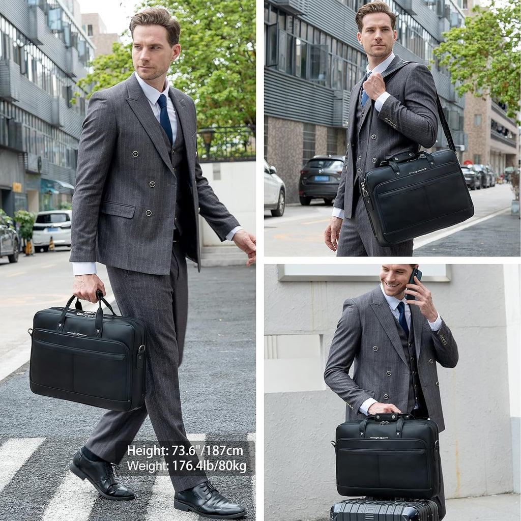 Masa Kawa Leather Briefcase for Men 17/15.6' Laptop Crossbody Shoulder Messenger Bag Business Travel Work Attache Case