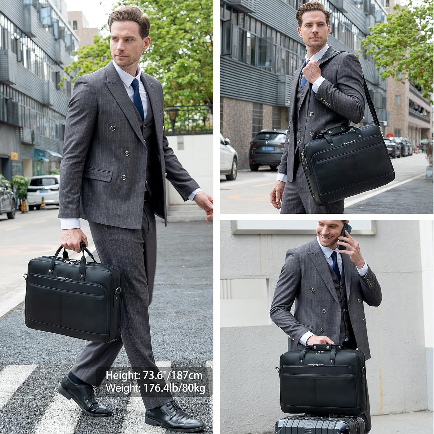 Masa Kawa Leather Briefcase for Men 17/15.6' Laptop Crossbody Shoulder Messenger Bag Business Travel Work Attache Case