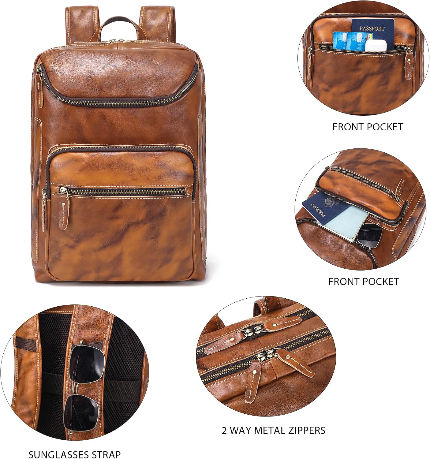 LANNSYNE Vegetable Tanned Leather Backpack For Men, 15.6' Leather Laptop Backpack Hiking Travel Bag Camping Rucksack