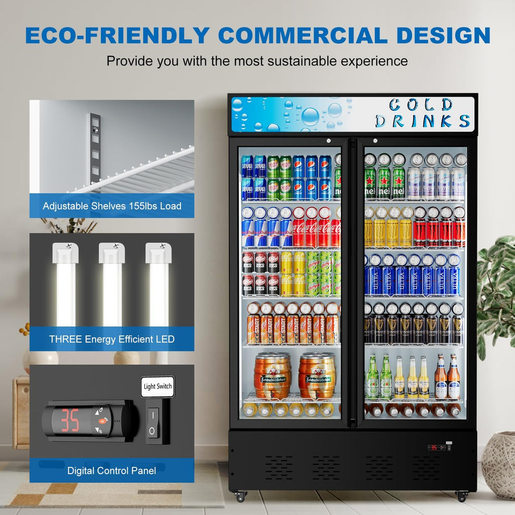 Commercial Glass Door Display Refrigerator 40 Cu.ft Cooler Commercial Display Beverage Refrigerators with LED Light and 10 Shelves for Cafe Restaurant Store Bar