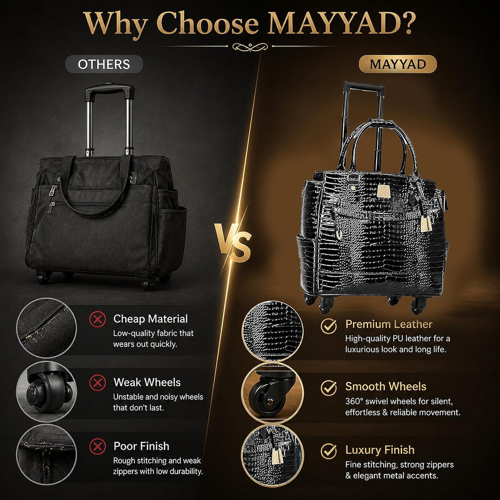 Rolling Laptop Bag for Women with Wheels & Handle Luxury Pure Leather Embossed Work Bag with Laptop Sleeve Travel Briefcase