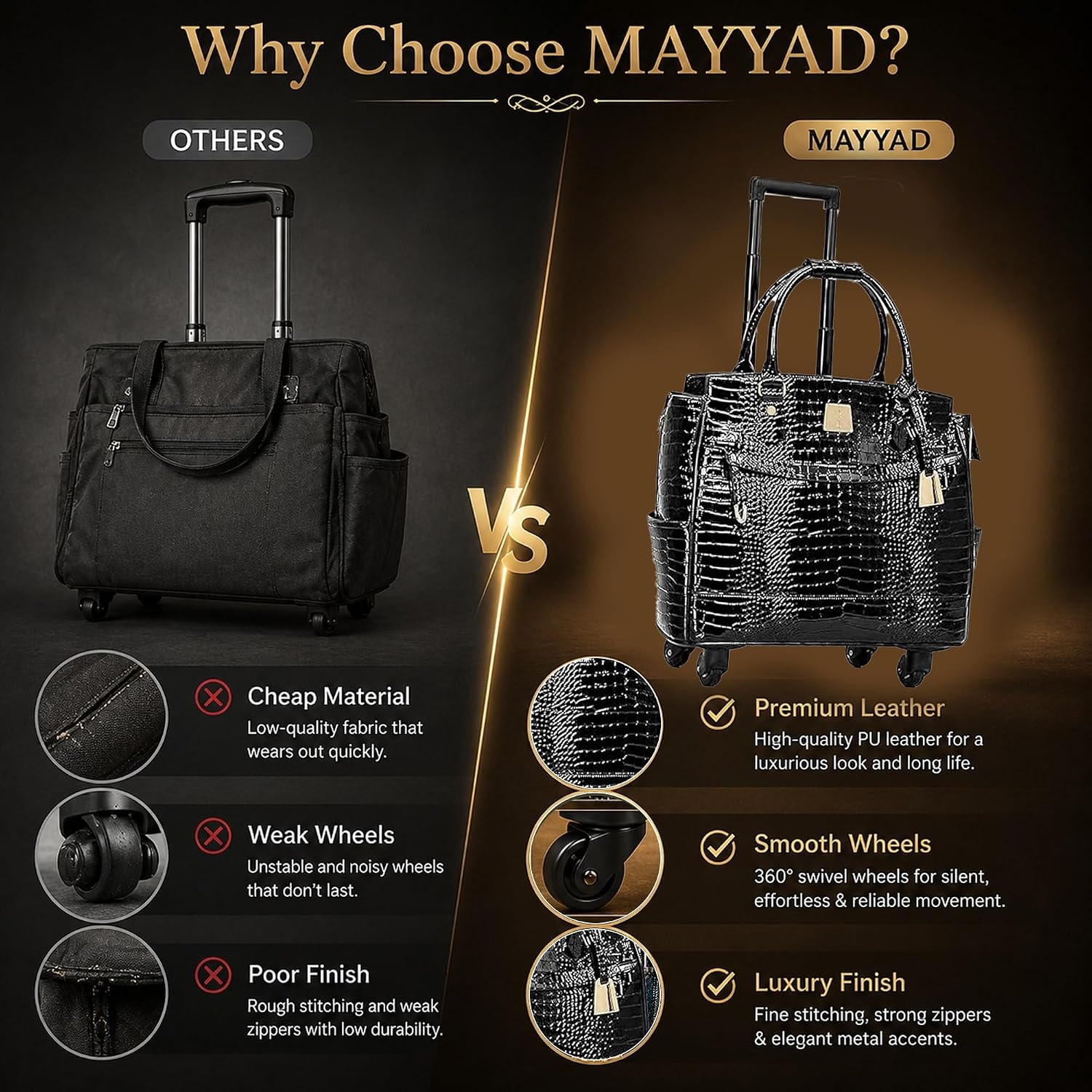 Rolling Laptop Bag for Women with Wheels & Handle Luxury Pure Leather Embossed Work Bag with Laptop Sleeve Travel Briefcase