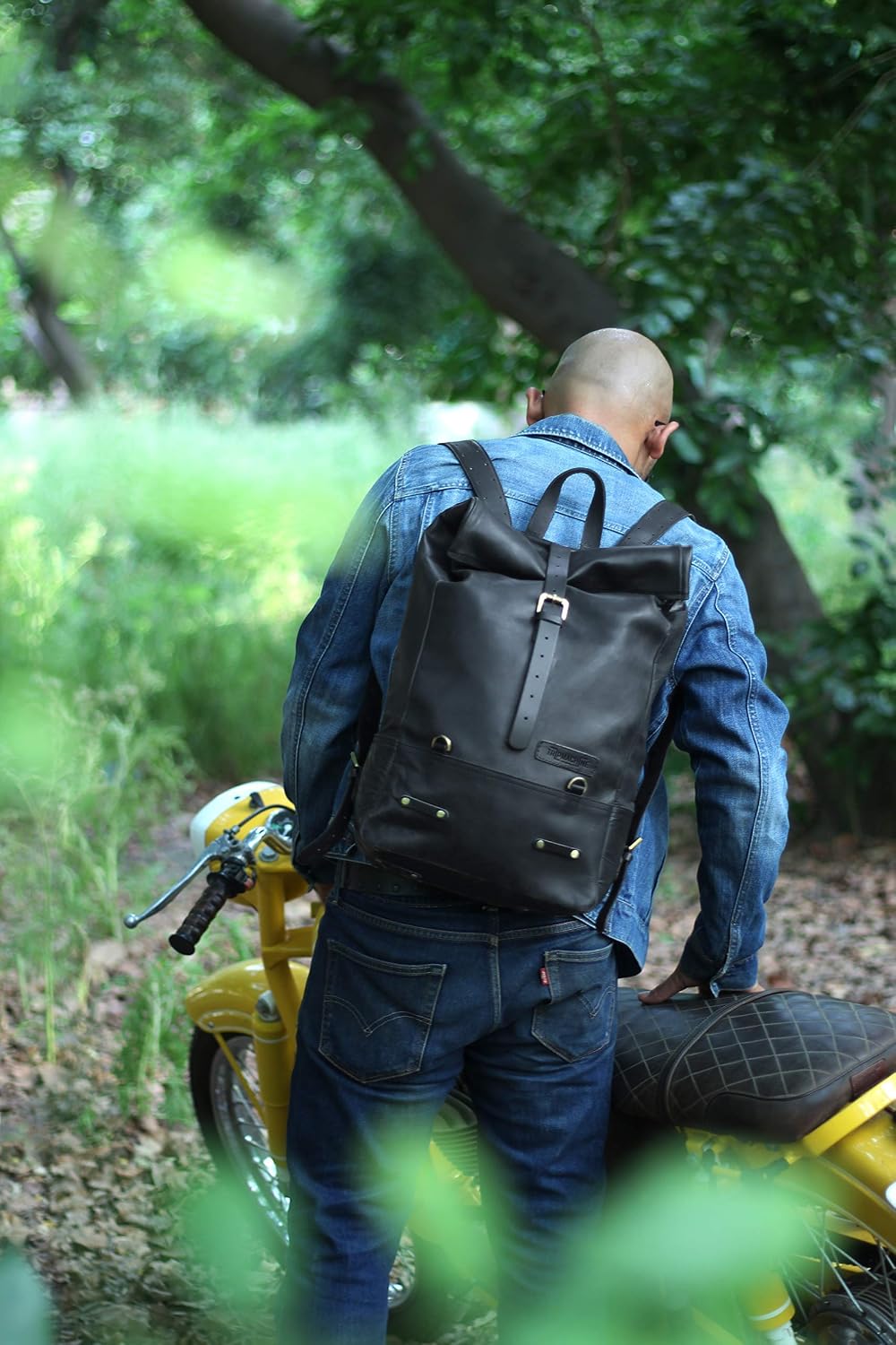 Trip Machine Company Full Grain Leather Roll Top Motorcycle Backpack Pannier – Quick Mount 15L Waterproof Laptop Bag (Black)