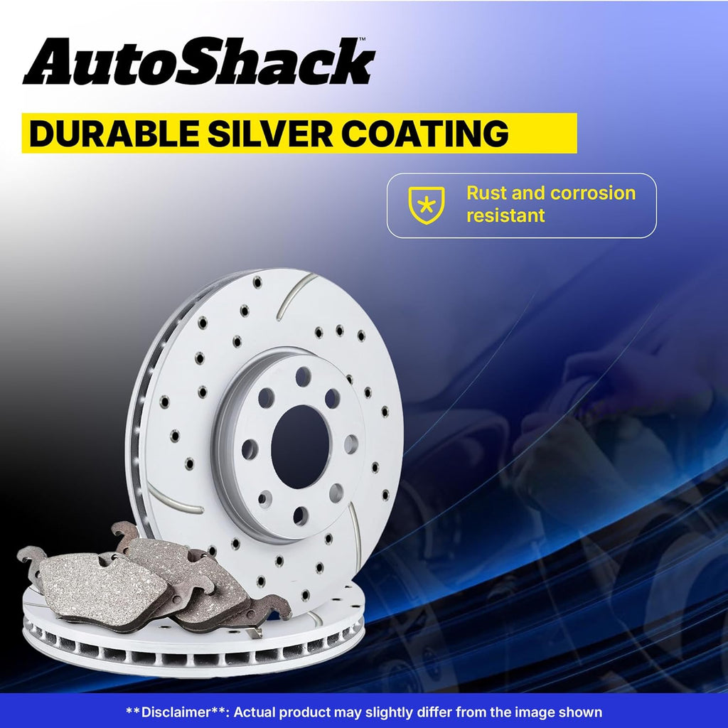 AutoShack Front & Rear Brake Rotors & Premium Pads for Chevrolet, Silverado 2500 HD 2001-2010, 4WD RWD V8 6.0L 6.6L 8.1L - Coated Drilled & Slotted - Silver Matte Finish - TurboGuard