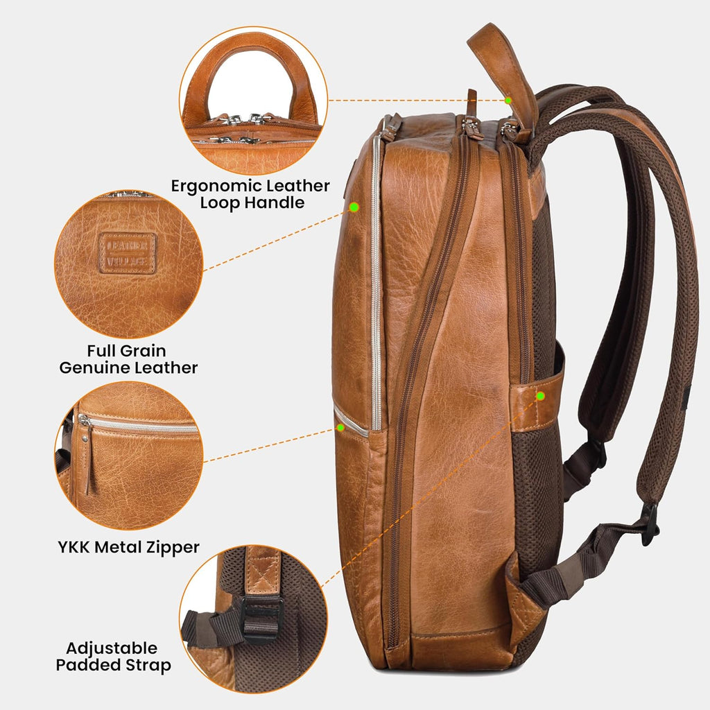 LEATHER VILLAGE Leather Laptop Backpack for Men | Camel Brown | Slim Professional Business Bag Fits 15.6'-Laptop | Water-Repellent Work & Travel Daypack with Trolley Strap